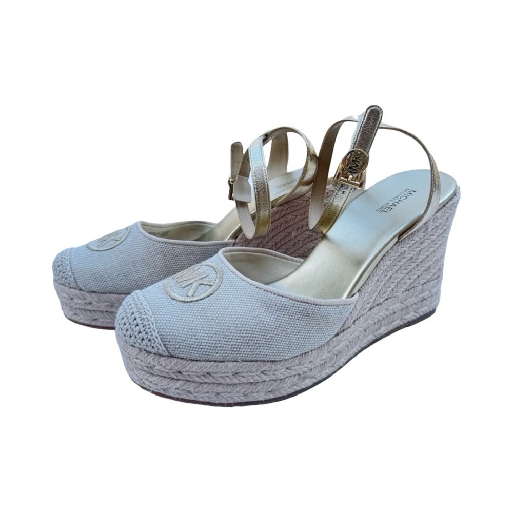 Michael Kors Larissa Logo Espadrille Wedge Sandals Cream Gold Size 9.5